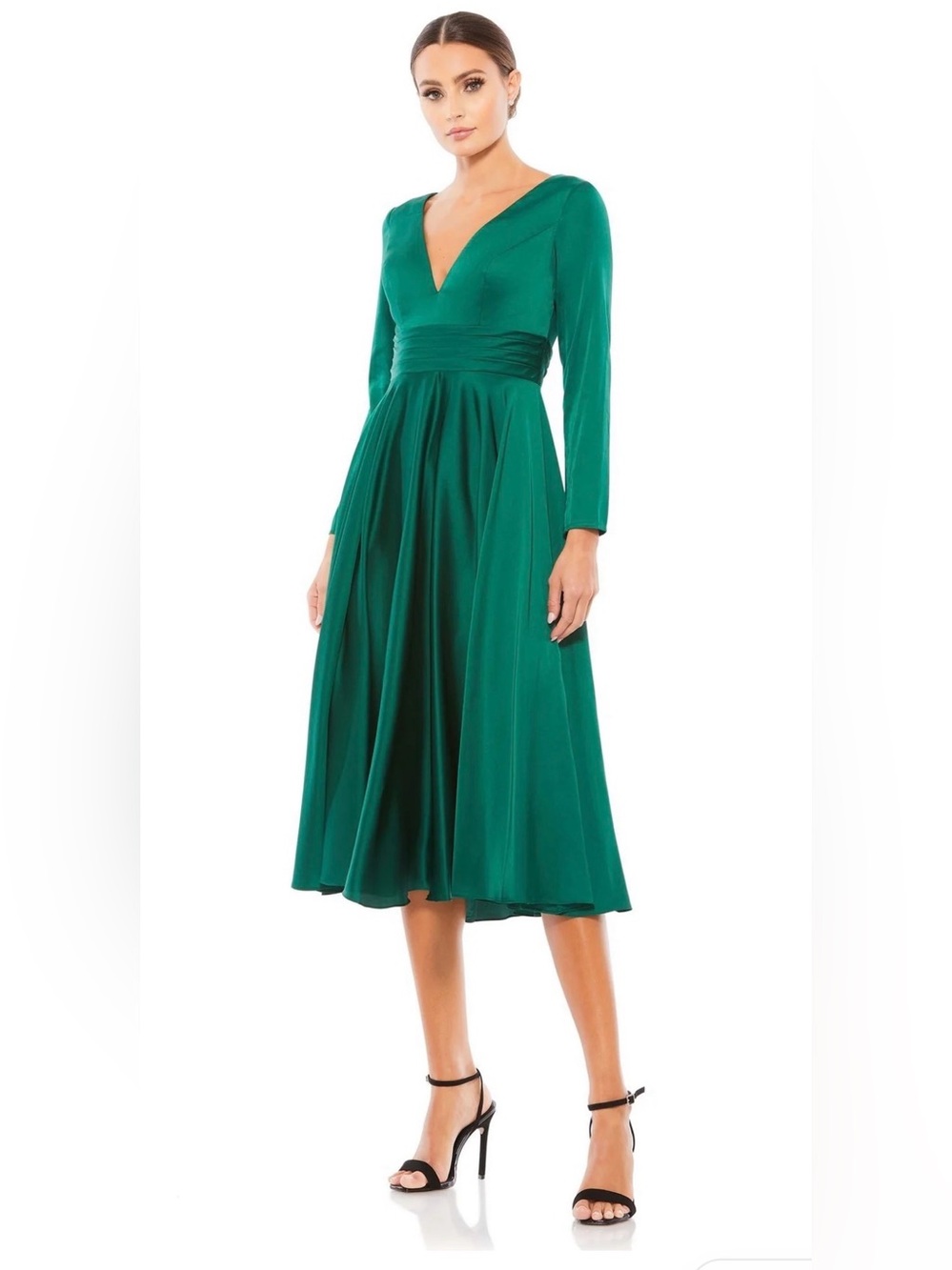 Mac Duggal 67527 Emerald Green Plunge Neck Satin A-Line Long Sleeve Dress Size 6